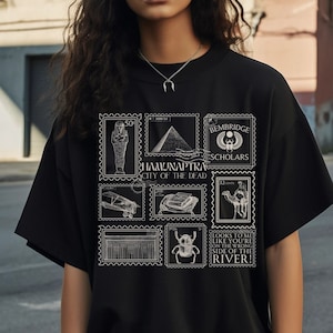 Mummy Stamp Collection Tee Shirt Tshirt * City of the Dead Egypt Rick Evie Greetings from Hamunaptra Postcard Book Fandom Merch Bookish Gift