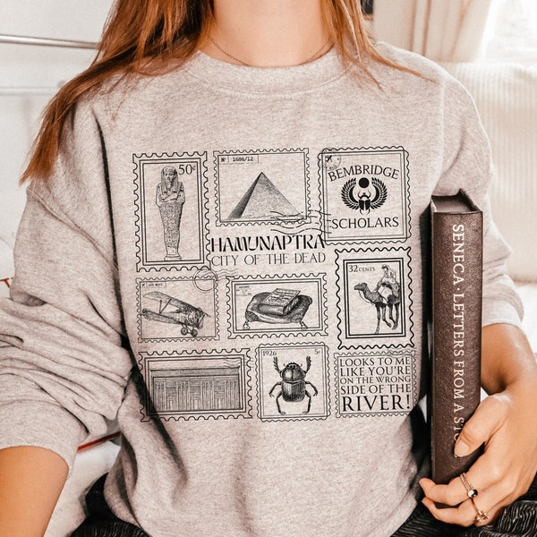 Mummy Stamp Collection Sweatshirt * City of the Dead Egypt Rick Evie Greetings from Hamunaptra Postcard 1999 Book Fandom Merch Bookish Gift