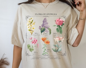 Anne of Green Gables Avonlea Literary Flower Chart Tee Shirt Tshirt Wild Flower Botanical Language of Flowers Cottagecore Bookish Lover Gift