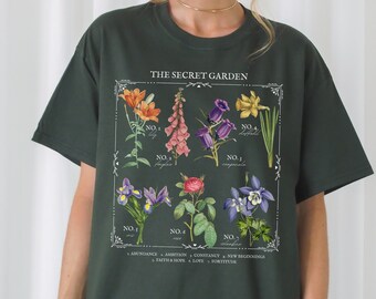 The Secret Garden Literary Flower Chart Tee Shirt Frances Hodgson Burnett Language of Flowers Cottagecore Bookish Book Lover Literature Gift