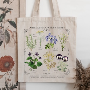 Shakespeare Hamlet Ophelia Flower Chart Herbology Floral Tote Book Bag * Bookish Bookworm Gift * Poet Literature Shirt * Dark Academia