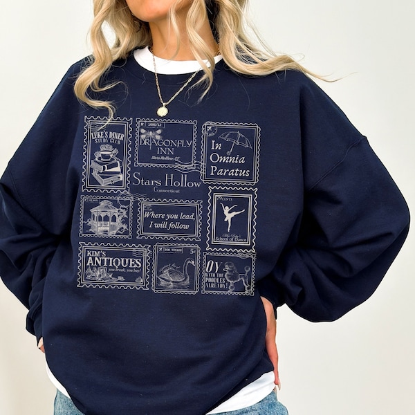 Stars Hollow Stamp Collection Sweatshirt * Luke's Diner Dragonfly Inn Rory In Omnia Paratus Postcard Book Lover Fandom Merch Bookish Gift