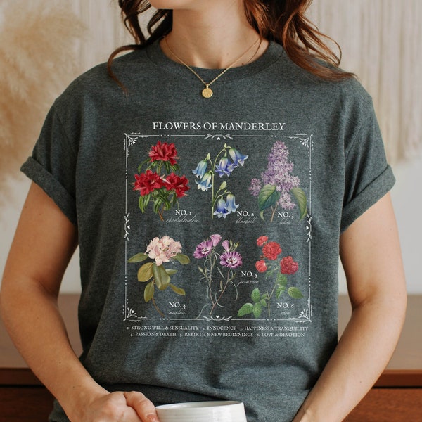 Rebecca Daphne du Maurier Flower Chart Manderley Tee Shirt Tshirt * Gothic Romance Bookish Book Lover Floral Light Dark Academia Aesthetic