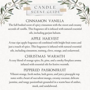 May include: Candle scent guide with descriptions for Cinnamon Vanilla, Apple Harvest, Christmas Warmth, and Peppered Passionfruit.