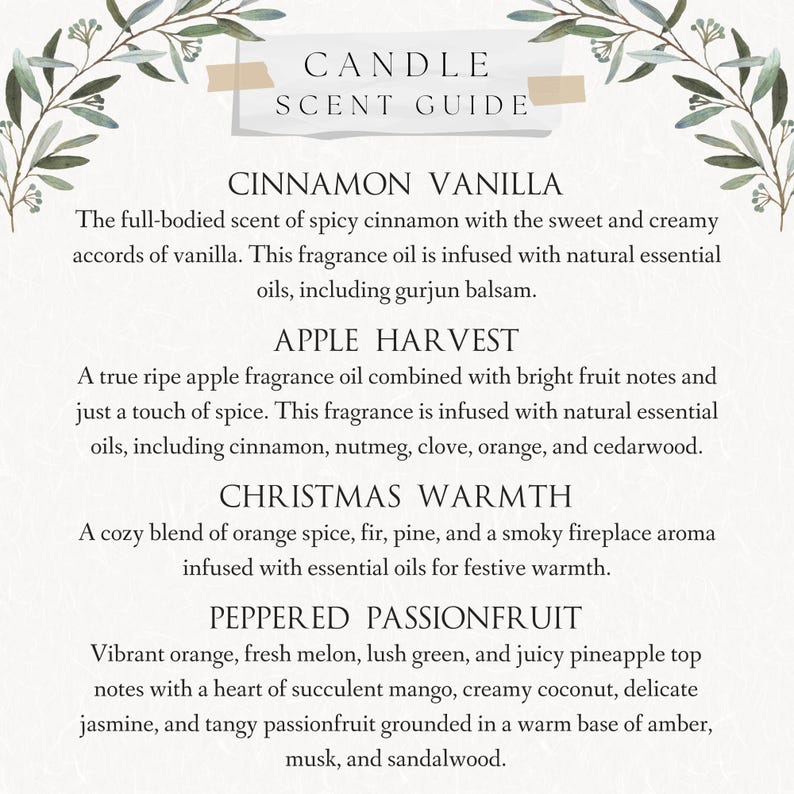 May include: Candle scent guide with descriptions for Cinnamon Vanilla, Apple Harvest, Christmas Warmth, and Peppered Passionfruit.