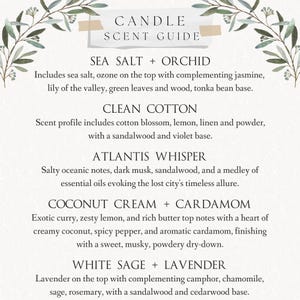 May include: A white background with black text listing different candle scents and their descriptions. The scents include Sea Salt + Orchid, Clean Cotton, Atlantis Whisper, Coconut Cream + Cardamom, and White Sage + Lavender.