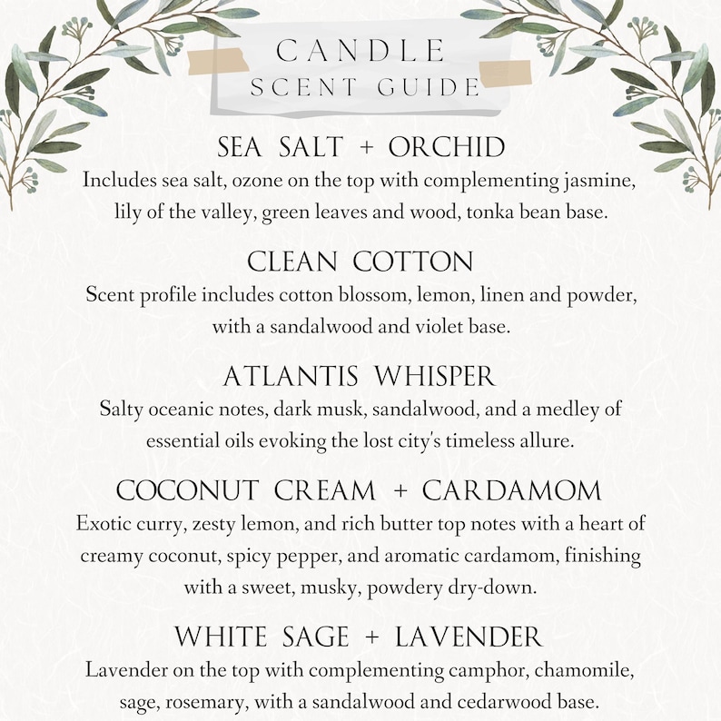 May include: A white background with black text listing different candle scents and their descriptions. The scents include Sea Salt + Orchid, Clean Cotton, Atlantis Whisper, Coconut Cream + Cardamom, and White Sage + Lavender.