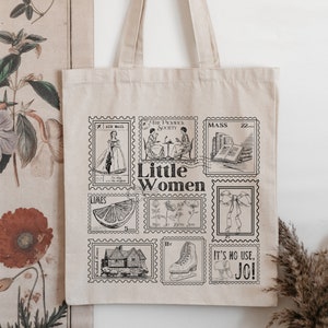 Sac fourre-tout de la collection de timbres littéraires Petites femmes * Cottagecore March Sisters Meg Jo Beth Amy * Salutations du livre Fandom Merch cadeau livresque