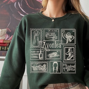 Sweat-shirt de la collection de timbres littéraires Anne, la maison aux pignons verts * Cottagecore Anne avec un E Salutations d'Avonlea Livre Fandom Merch Cadeau livres