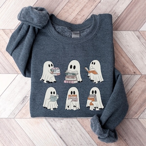 Ghost Reading Books Crewneck Sweatshirt * Bookish Halloween Teacher Librarian Gift * Bookworm Book Lover Merch Retro Cute Spooky Season