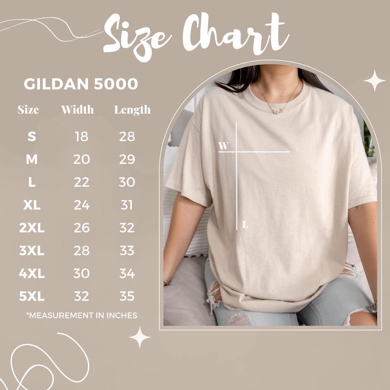 May include: A beige Gildan 5000 t-shirt with a size chart. The chart lists sizes S to 5XL, with corresponding width and length measurements in inches. The text "Size Chart" is at the top.