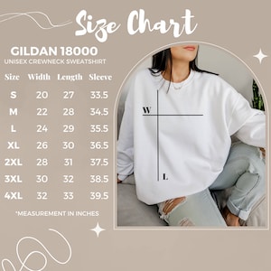 Op de afbeelding: Maattabel voor een unisex crewneck sweatshirt, met de afmetingen in inches voor breedte, lengte en mouwlengte voor maten S tot en met 4XL. De tabel bevat de tekst "GILDAN 18000" en "*MEASUREMENT IN INCHES".