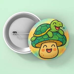 Turtle Mushroom Kawaii Pin Back Buttons, Cute Accessories, Gift for Friends, Mushroom and Turtle Design, Fun Party Favors, Collectible Pins