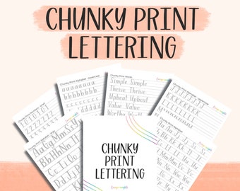 Chunky Print Lettering Worksheets, brush lettering, lettering  practice worksheets, learn hand lettering