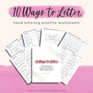 10 Ways to Letter, planner worksheets and bullet journal words, hand lettering style practice, brush lettering practice sheets