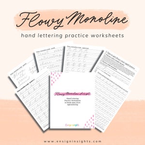 Flowy Monoline Hand Lettering Worksheets, minimal lettering practice worksheets, brush lettering practice sheets, bounce lettering