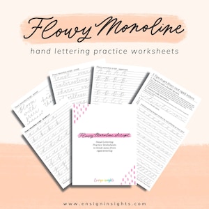 Flowy Monoline Hand Lettering Worksheets, minimal lettering practice worksheets, brush lettering practice sheets, bounce lettering