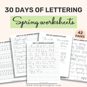 Spring Worksheets: 30 Day Lettering Challenge with Brush Lettering Practice Sheets and Spring Journal Inserts