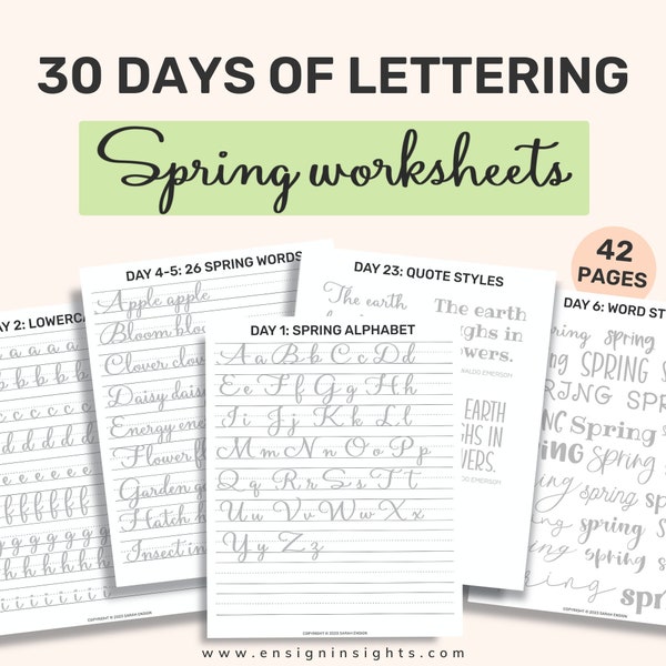 Spring Worksheets: 30 Tage Lettering Challenge mit Brush Lettering Übungsblättern und Spring Journal Inserts