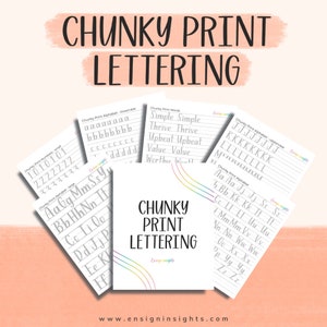 Chunky Print Lettering Worksheets, brush lettering, lettering  practice worksheets, learn hand lettering