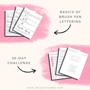 Peut inclure: Un d&eacute;fi de calligraphie au pinceau de 30 jours avec des &eacute;tapes &agrave; suivre pour pratiquer, y compris des mots comme "ambitieux", "courageux", "d&eacute;termin&eacute;", "encourager", "peur", "inspirer", "reconnaissant", "joyeux" et "&ecirc;tre le soleil".