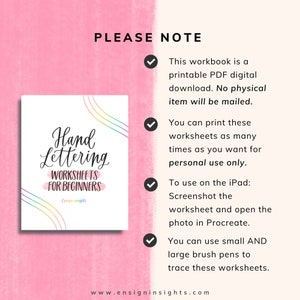 Peut inclure: Un fond rose avec un carr&eacute; blanc au centre. Le carr&eacute; contient le texte "Hand Lettering Worksheets for Beginners" avec un motif arc-en-ciel derri&egrave;re le texte. Le texte "Ensign Insights" est sous le titre. Le texte "PLEASE NOTE" est dans le coin sup&eacute;rieur droit de l'image. Il y a quatre coches avec du texte sous chaque coche. Le texte sous les coches se lit comme suit : "Ce classeur est un t&eacute;l&eacute;chargement num&eacute;rique PDF imprimable. Aucun article physique ne sera envoy&eacute; par la poste.", "Vous pouvez imprimer ces feuilles de travail autant de fois que vous le souhaitez pour un usage personnel uniquement.", "Pour utiliser sur l'iPad : Capturez l'&eacute;cran de la feuille de travail et ouvrez la photo dans Procreate.", "Vous pouvez utiliser des stylos &agrave; pointe fine ET des stylos &agrave; pointe large pour tracer ces feuilles de travail."