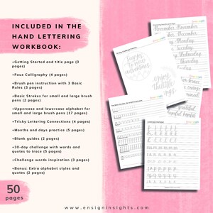 Peut inclure: Une image en noir et blanc montrant un cahier d'exercices de lettrage &agrave; la main. Le cahier comprend 50 pages de feuilles d'exercices pour la calligraphie factice, les traits de base, les alphabets majuscules et minuscules, les connexions de lettrage d&eacute;licates, la pratique des mois et des jours, des guides vierges, un d&eacute;fi de 30 jours avec des mots et des citations &agrave; tracer, l'inspiration des mots de d&eacute;fi et des styles d'alphabet suppl&eacute;mentaires et des citations.