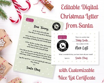 Editable Digital Christmas Letter from Santa with Customisable Nice List Certificate - Letter from Santa