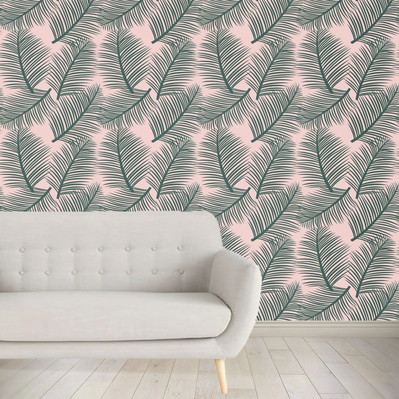 CLEARANCE last few Wallpaper Palm Leaf Garden Green on Blush Tropical Wallpaper image 1