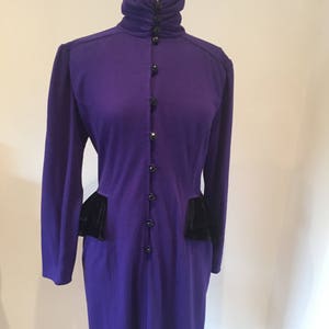 Vintage Ungaro Ter Purple Wool Mix Dress with Black Velvet Peplum Detail Size 12 Medium