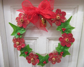Dolls House Christmas Wreath Miniature Door Decoration Berries and Flowers with a Red Bow 1:12 Scale