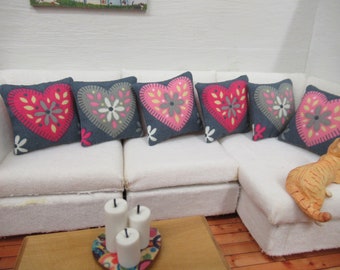 Dolls House Cushion Miniature Throw Pillow with Heart Design Handmade Bedroom Lounge Accessory 1:12 Scale