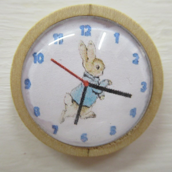 Dolls House Nursery Clock in a Wooden Frame Peter Rabbit Theme Miniature Nursery Wall Decor 1:12th Scale