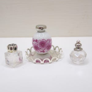 Dolls House Perfume Bottles Pink Silver with Tray Miniature Ornament 1:12th Scale