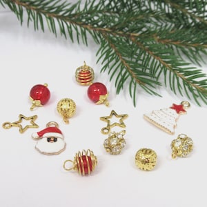 Dolls House Christmas Tree Decorations 12 Red Gold Baubles and Trinkets Miniature Ornaments 1:12th Scale