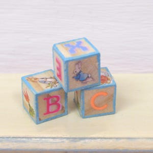 Dolls House Toy Letter ABC Blocks Peter Rabbit Set of 3 Blue Natural Wood Miniature Nursery Accessory 1:12 Scale