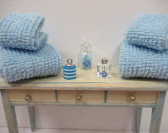 Dolls House Towels 4 Blue with Bath Salts and Ornament Jars 1:12th Scale Bathroom Miniature