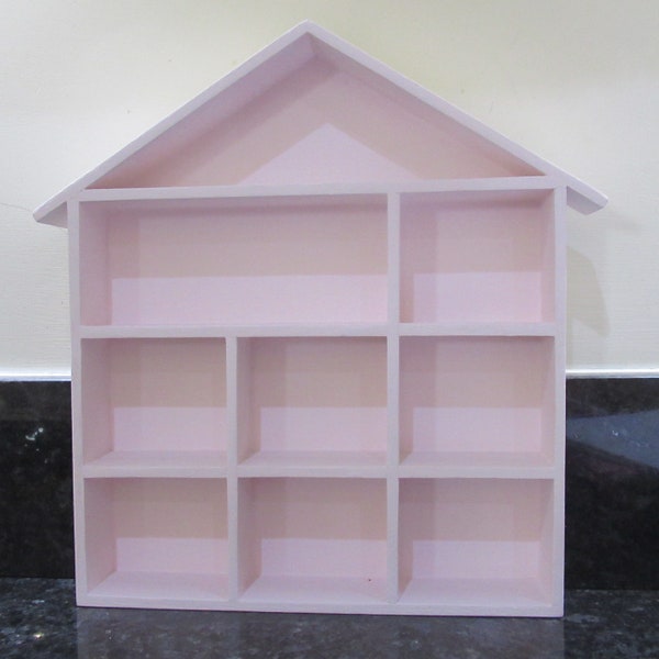 House Shape Display Shelf Unit Shadow Box Hand Painted Pink for Small Ornaments Dolls House Miniatures Thimbles Lego Figures