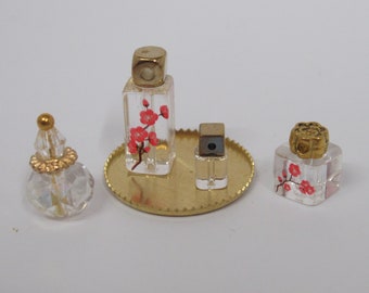 Dolls House Perfume Ornament Bottles on a Gold Coloured Tray Pink Floral 1:12th Scale Bedroom Dressing Table Miniature Accessory
