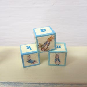 Dolls House Toy Letter Blocks Peter Rabbit Nursery or Children&#39;s Bedroom Set of 3 Cream Blue 1:12 Scale
