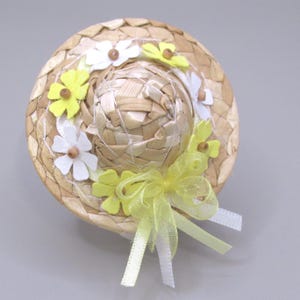 Miniature Straw Hat Yellow & White Flowers and Ribbon with a Yellow Organza Bow 1:12 Scale Dolls House Clothes Accessory