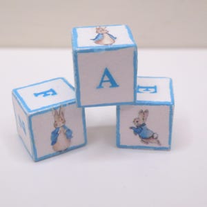 Dolls House Toy Letter Blocks Peter Rabbit Miniature Blue White Nursery or Children&#39;s Bedroom Set of 3 1:12 Scale
