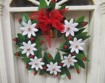 Dolls House Christmas Wreath Miniature Door Decoration White Flowers Berries and Red Organza Bow 1:12 Scale