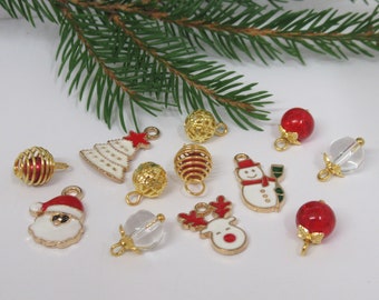 Dolls House Christmas Tree Decorations 12 Red White & Gold Baubles and Trinkets ~ 1:12th Scale Xmas Miniature Ornaments