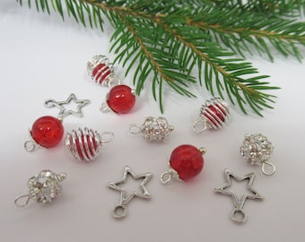 Dolls House Christmas Tree Decorations 12 Red & Silver Miniature Baubles and Stars 1:12th Scale Xmas Ornaments