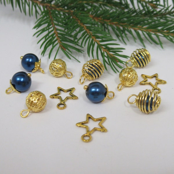 Dolls House Christmas Tree Decorations 12 Blue and Gold Baubles and Stars 1:12th Scale Xmas Miniature Ornaments