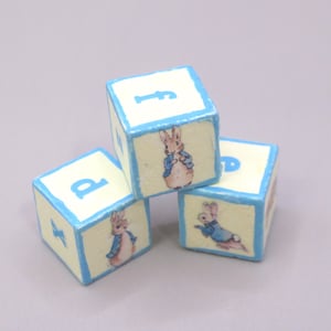 Dolls House Toy Blocks Peter Rabbit Set of 3 Cream Blue Nursery Playroom 1:12 Scale