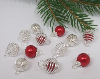 Dolls House Christmas Tree Decorations 12 Red and Silver Baubles Miniature Xmas Ornaments 1:12th Scale