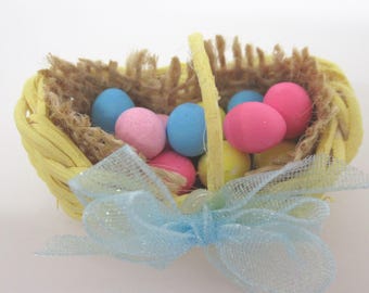 Dolls House Easter Basket with 12 Miniature Hand Painted Eggs 1:12th Scale Decoration