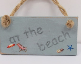 Miniature Sign At the Beach Blue Hanging Wooden Notice 1:12th Scale Dolls House Decor